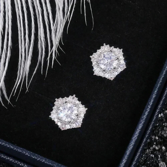 Sterling Silver Diamond Hexagon Halo Stud Earrings - Picture 4 of 10